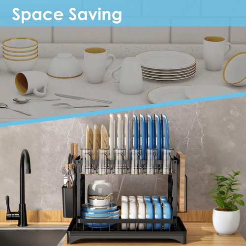 AIDERLY Dish Drying Rack for Kitchen Counter 2 Tier Iron Dish Drainer with Removable Cutlery Basket, Black