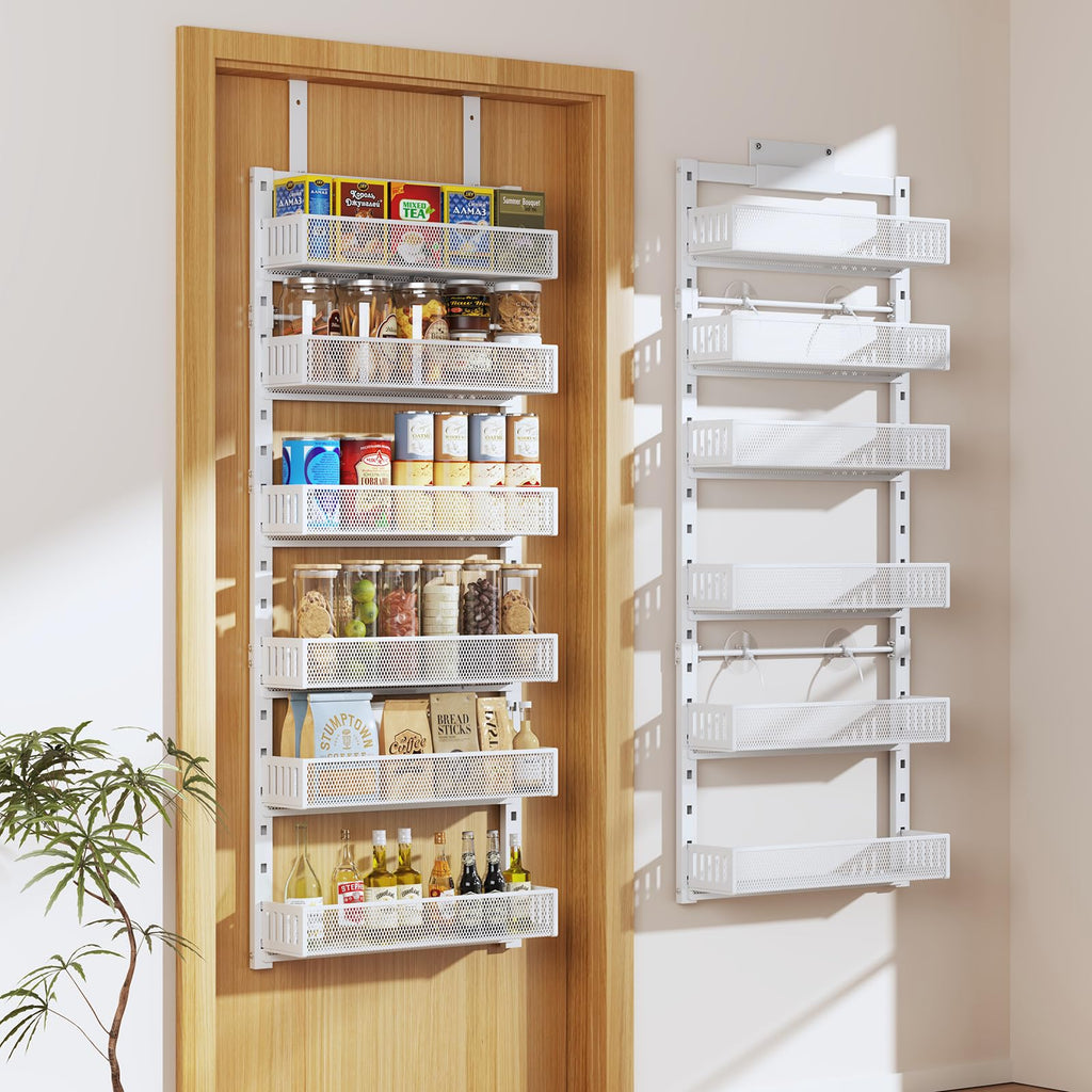 Pantry Door Organizers and Storage, 6-Tier Large Metal Heavy-Duty Frame Over the Door Spice Rack, 2 in 1 Wall-Mounted or Hanging shelf for Kitchen, Bathroom, Laundry Room, Bedroom, Closet &Nursery
