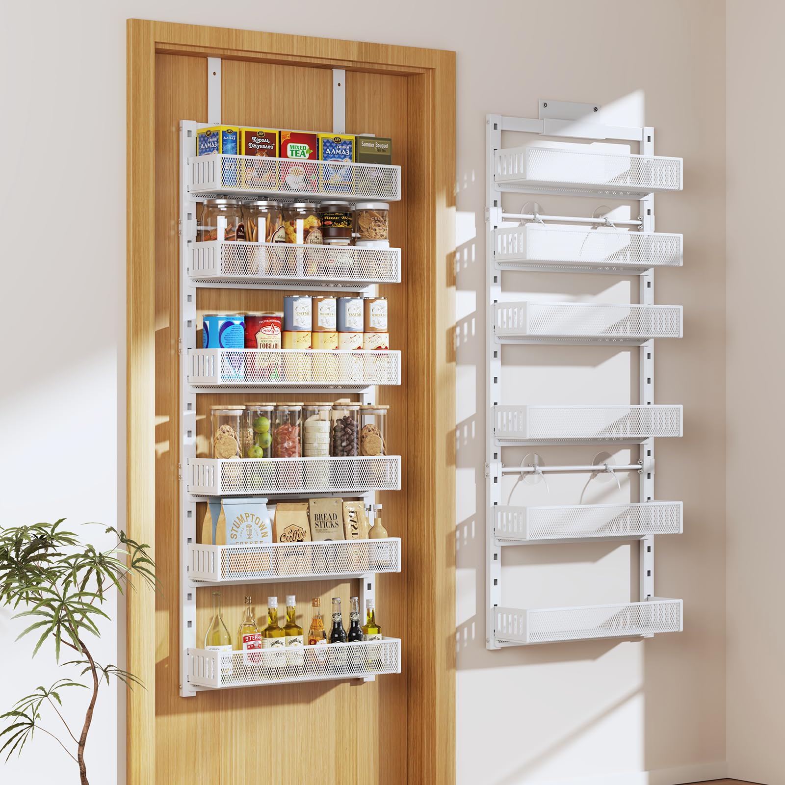 Pantry Door Organizers and Storage, 6-Tier Large Metal Heavy-Duty Frame Over the Door Spice Rack, 2 in 1 Wall-Mounted or Hanging shelf for Kitchen, Bathroom, Laundry Room, Bedroom, Closet &Nursery
