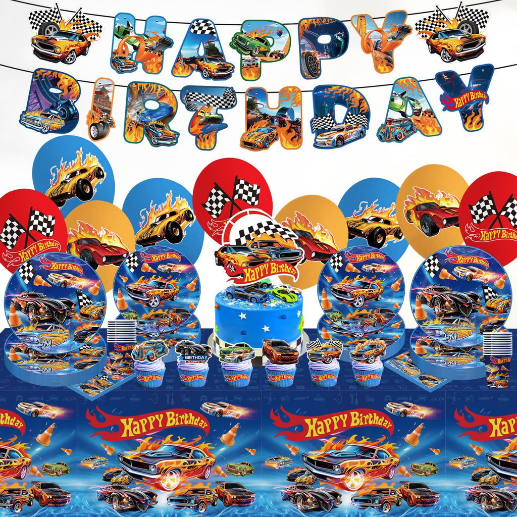 Hot Car Birthday Decorations Tableware 104Pcs Blue Car Themed Party Supplies Include Banner Balloons Plates Napkins Cups Tablecloth Cupcake Toppers and Cake Topper for Birthday Party Decor Sever 20