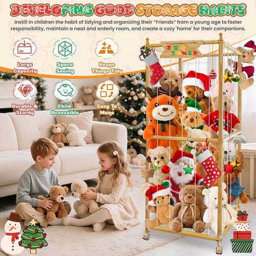 Large Stuffed Animal Storage, 550L Wood Plush Toy Storage With Wheels, Kids Plushies Storage With Thicker Elastic Band, Stuffed Animal Organizer For Playroom, Bedroom, Nursery(22.5in*22.5in*66.4in)