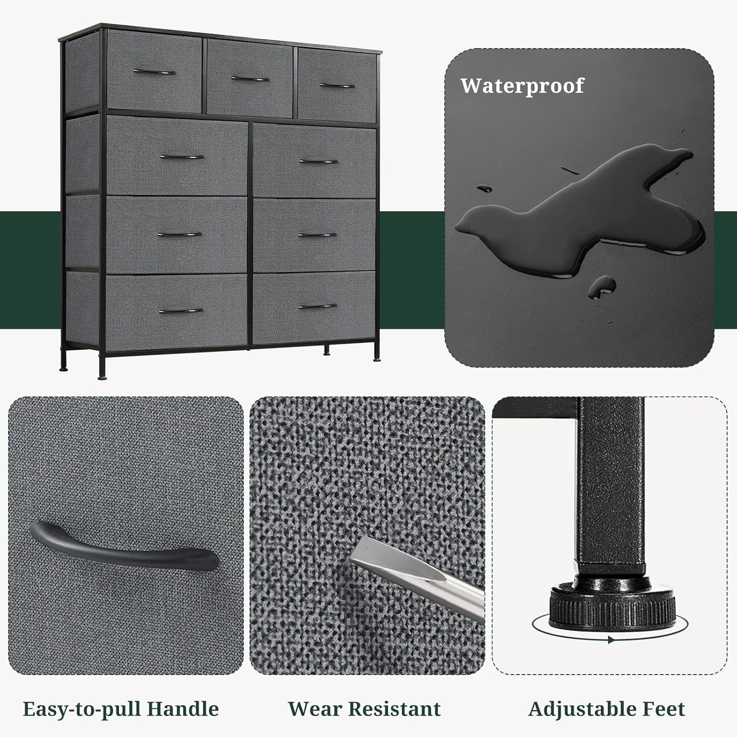 Regine Switzerland 9-Drawer Dresser - Anti-Tip Tall Storage Organizer with Wooden Top & Metal Frame | Gray