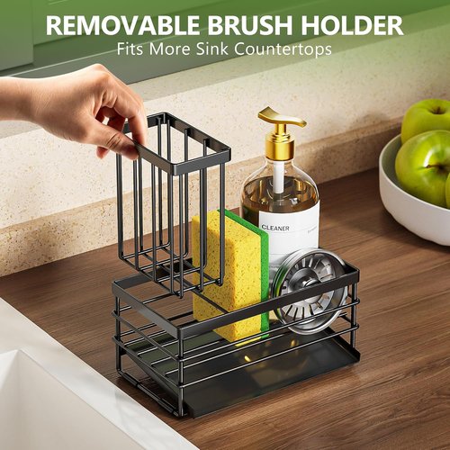 Cisily Sink Caddy - Rustproof Sponge Holder with Brush Storage & Self-Draining Tray | Black