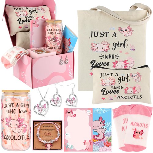 Best Axolotl Gifts for Women Girl Funny Gifts for Axolotl Lovers Including Glass Cup Makeup Bag Canvas Tote Bag Socks Notepad Earring Brecelet for Birthday Christmas Mothers Day