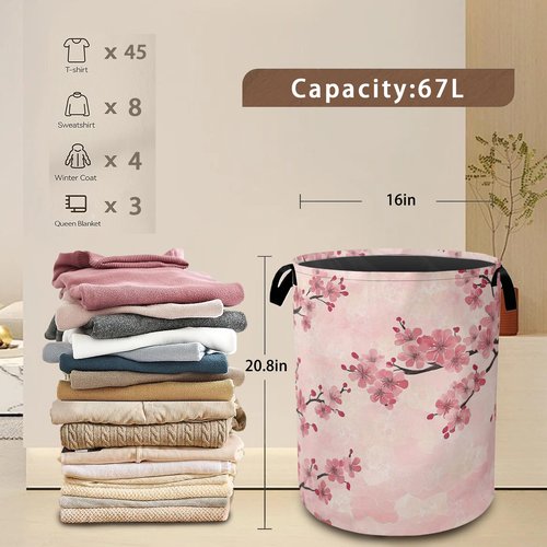 Laundry Hamper,Pink Flower Laundry Basket,Cherry Blossom Waterproof Oxford Cloth Storage Basket with Handle for Clothes Books Nursery Home Storage Sundries 16"x20"