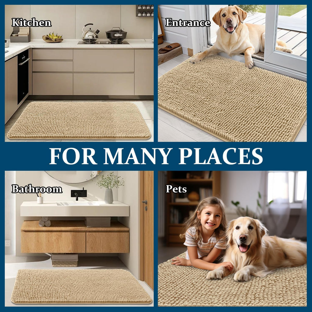 OLANLY Dog Door Mat - Absorbent Non-Slip Washable Chenille Mat for Muddy Paws | 70x35, Beige