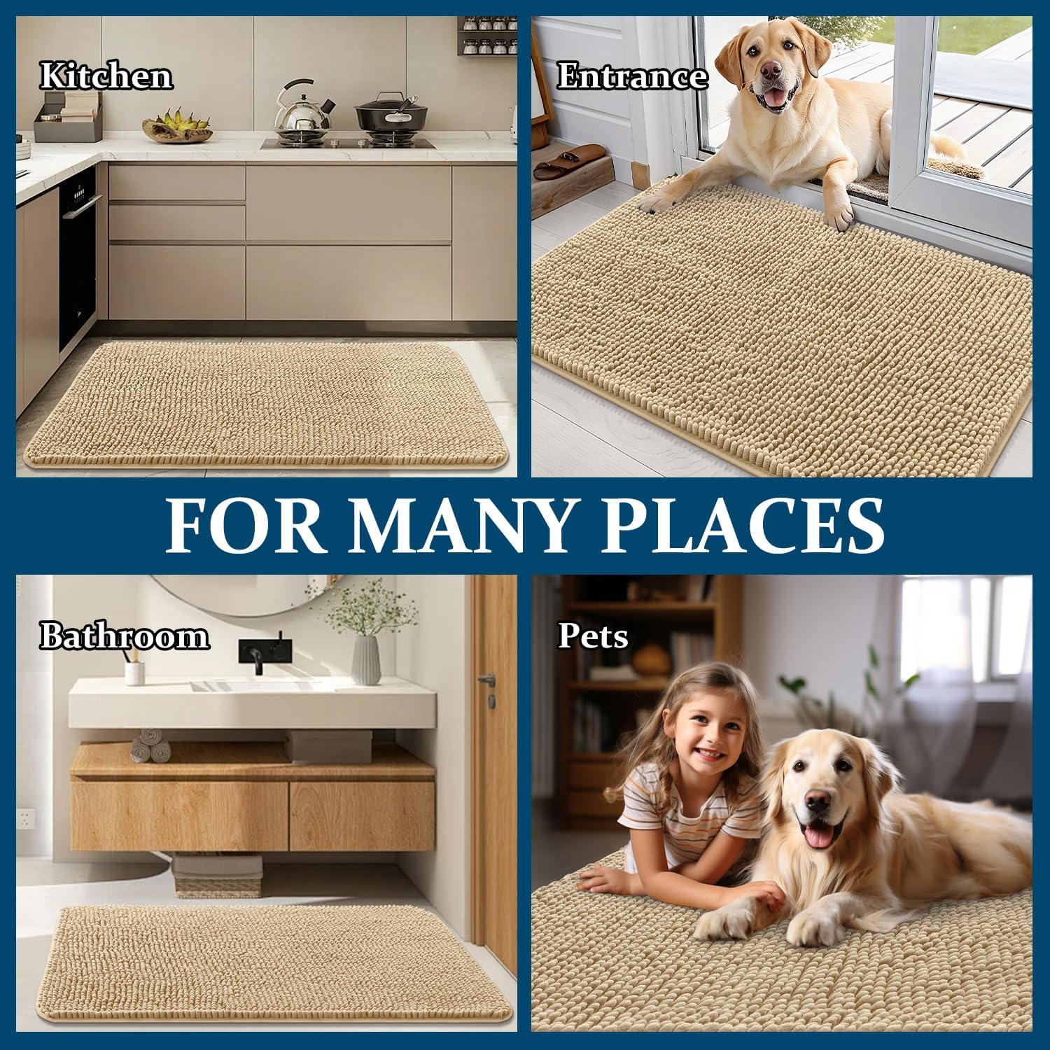 OLANLY Dog Door Mat - Absorbent Non-Slip Washable Chenille Mat for Muddy Paws | 70x35, Beige