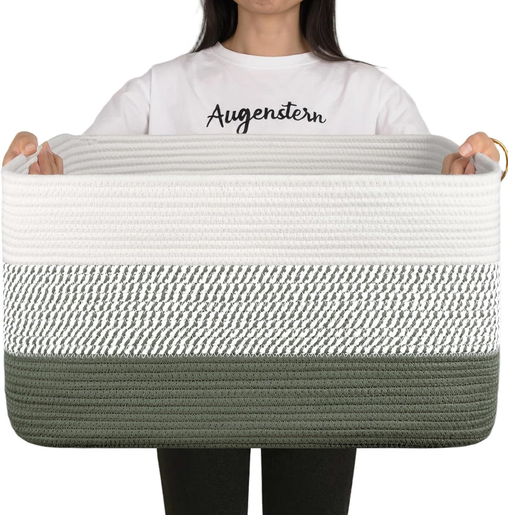 OIAHOMY Large Woven Blanket Basket - 22”x17”x12” Rectangle Storage for Nursery & Living Room | Green/White
