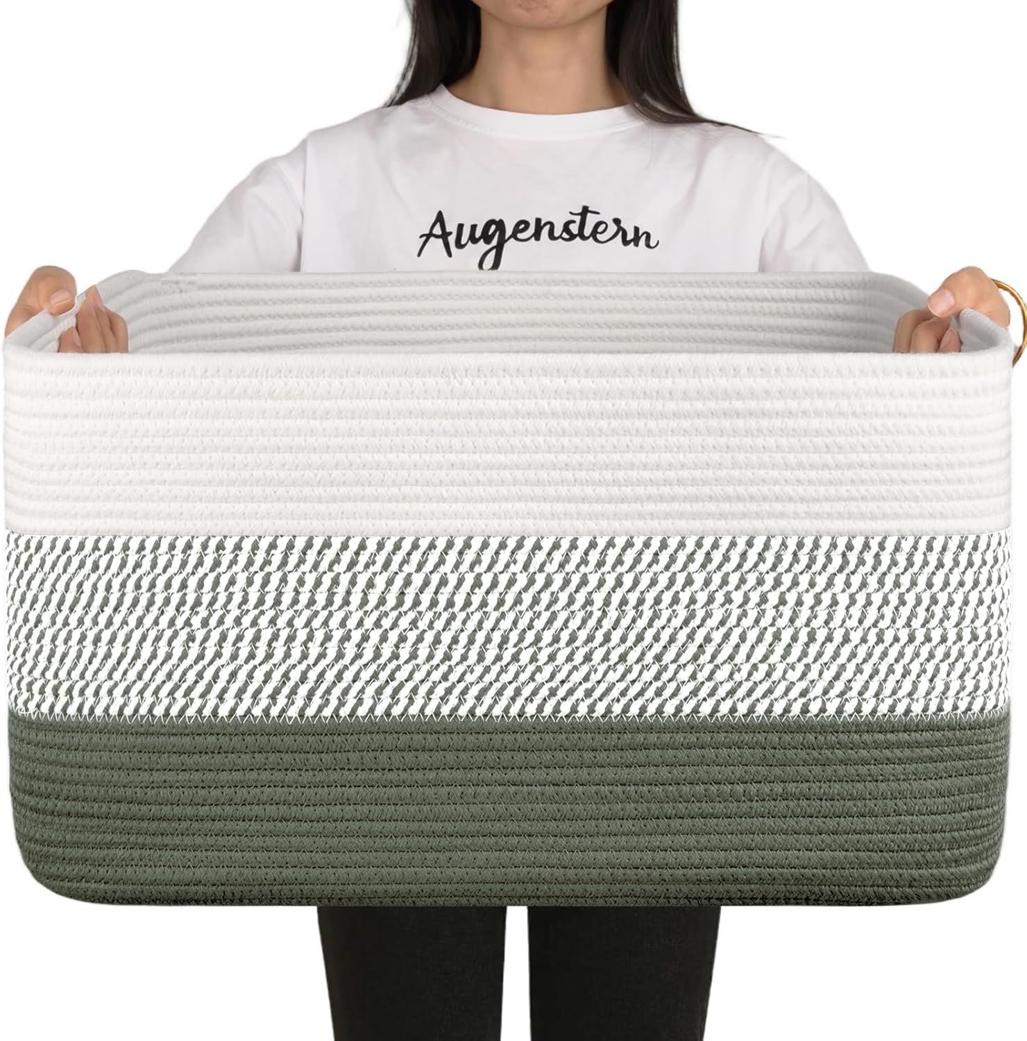 OIAHOMY Large Woven Blanket Basket - 22”x17”x12” Rectangle Storage for Nursery & Living Room | Green/White