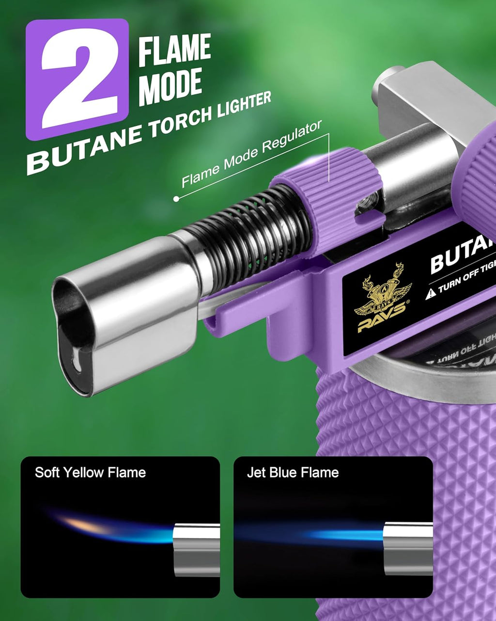 RAVS Butane Torch Lighter - Refillable Kitchen Torch with Adjustable Flame & Safety Buckle - Purple