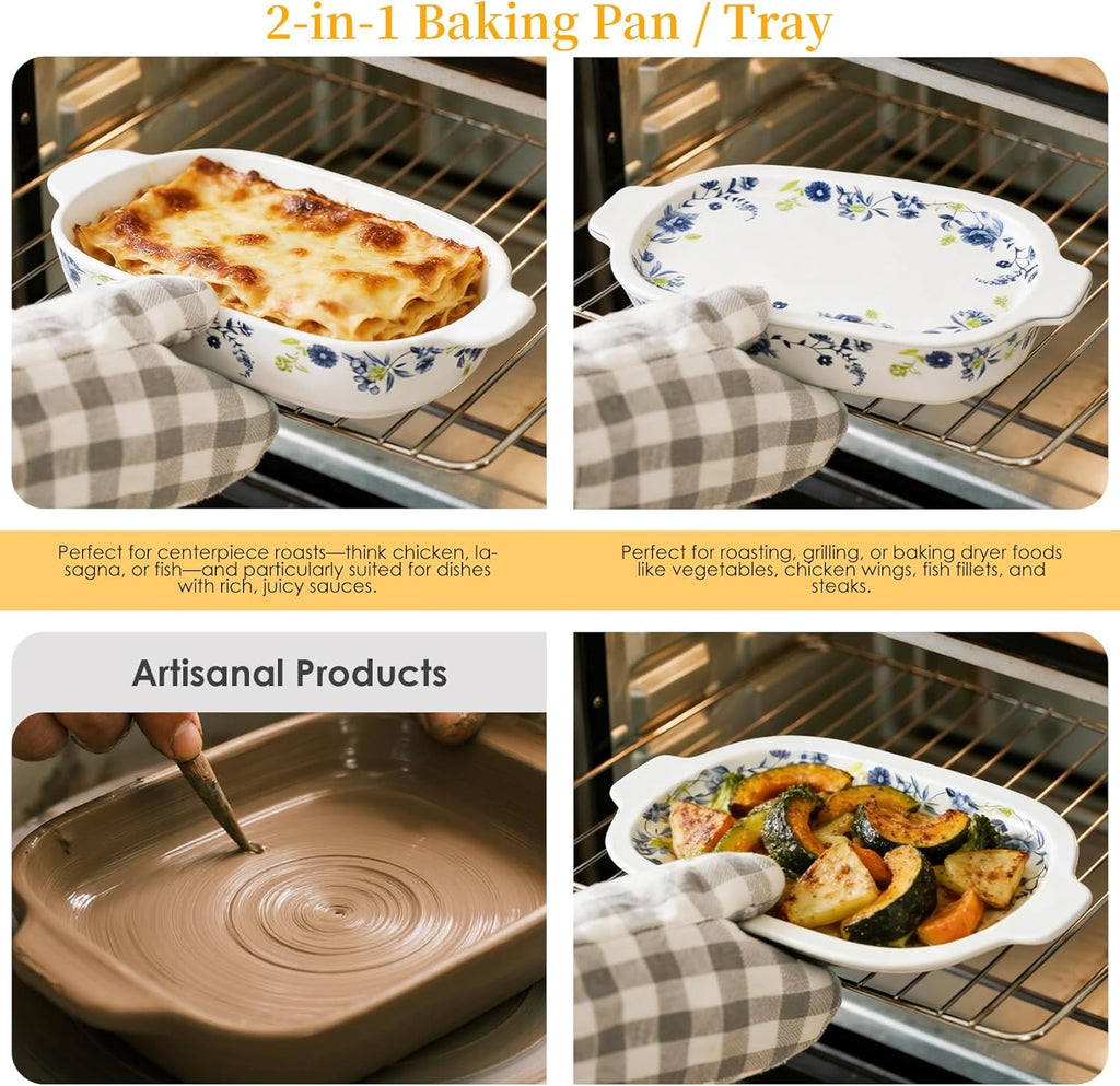 Regine Switzerland Ceramic Casserole Dish Set - 4-Piece Bakeware with Lids | Oven & Microwave Safe, 13x8 & 9x6 Inches