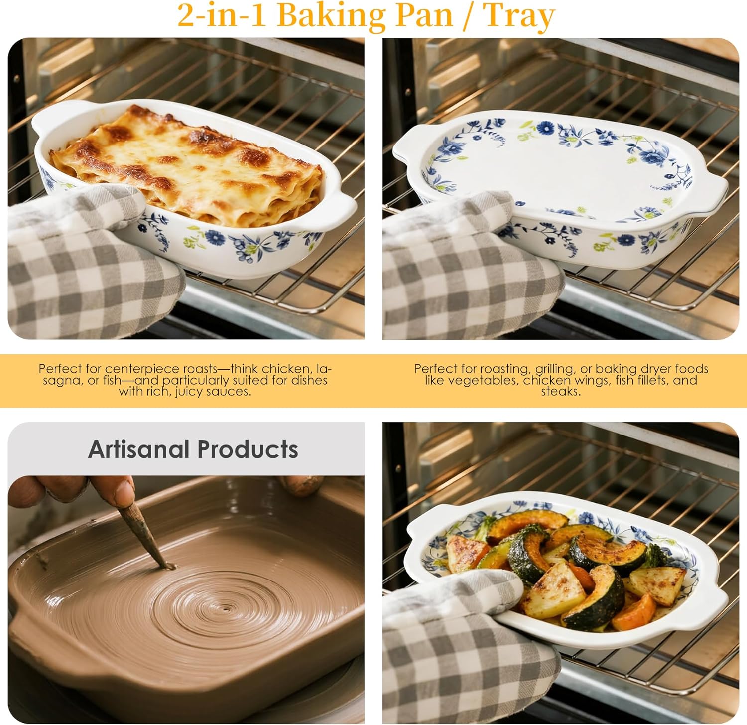 Regine Switzerland Ceramic Casserole Dish Set - 4-Piece Bakeware with Lids | Oven & Microwave Safe, 13x8 & 9x6 Inches