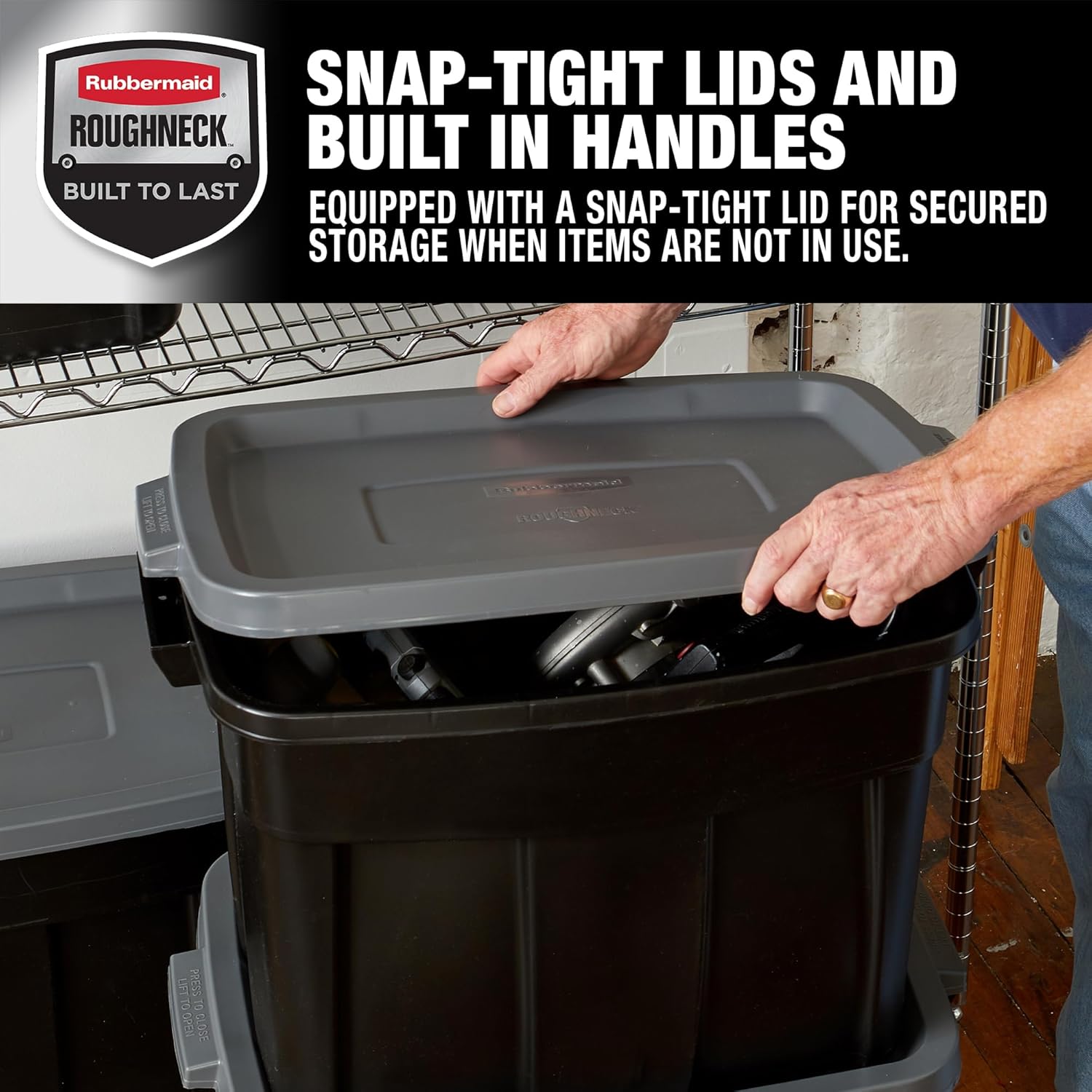 Rubbermaid 18 GAL Garage Storage Bins - Heavy-Duty, Stackable, Durable Plastic - Solid Black & Grey (6 Pack)