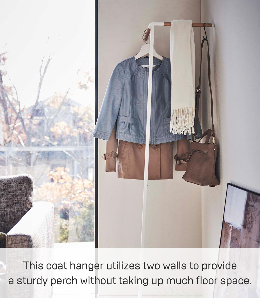 Yamazaki Home Tower Freestanding Corner Coat Rack, Modern Leaning Coat Hanger Stand With Wooden Accent For Bedroom Living Room Or Entryway, 63" - Steel + Wood