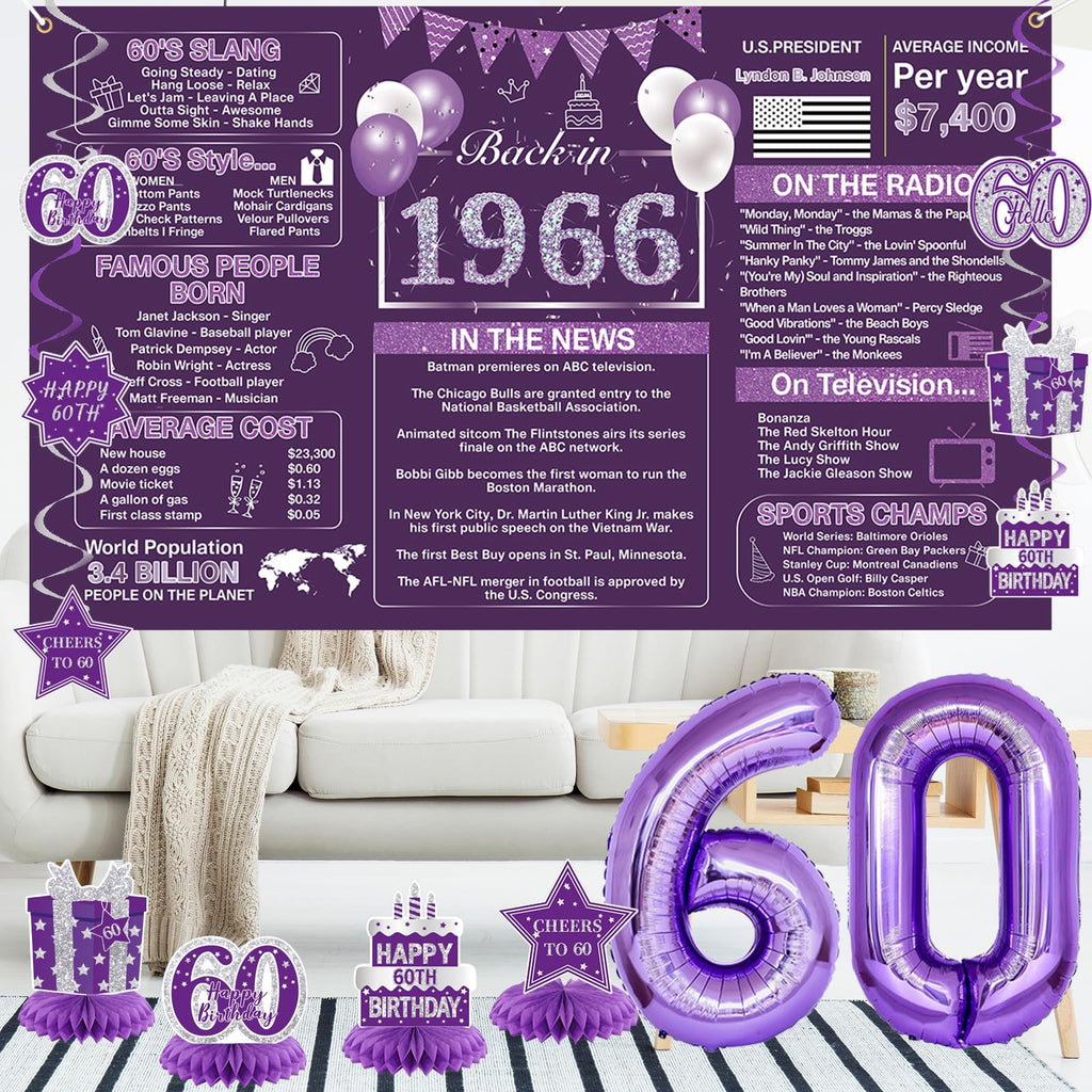 Crenics Purple 60th Birthday Decorations for Women - Back in 1966 Backdrop, Banner, Swirls, Centerpieces, Sash, Paper Pom Poms, Cake Topper and Balloons for 60 Birthday Party Supplies