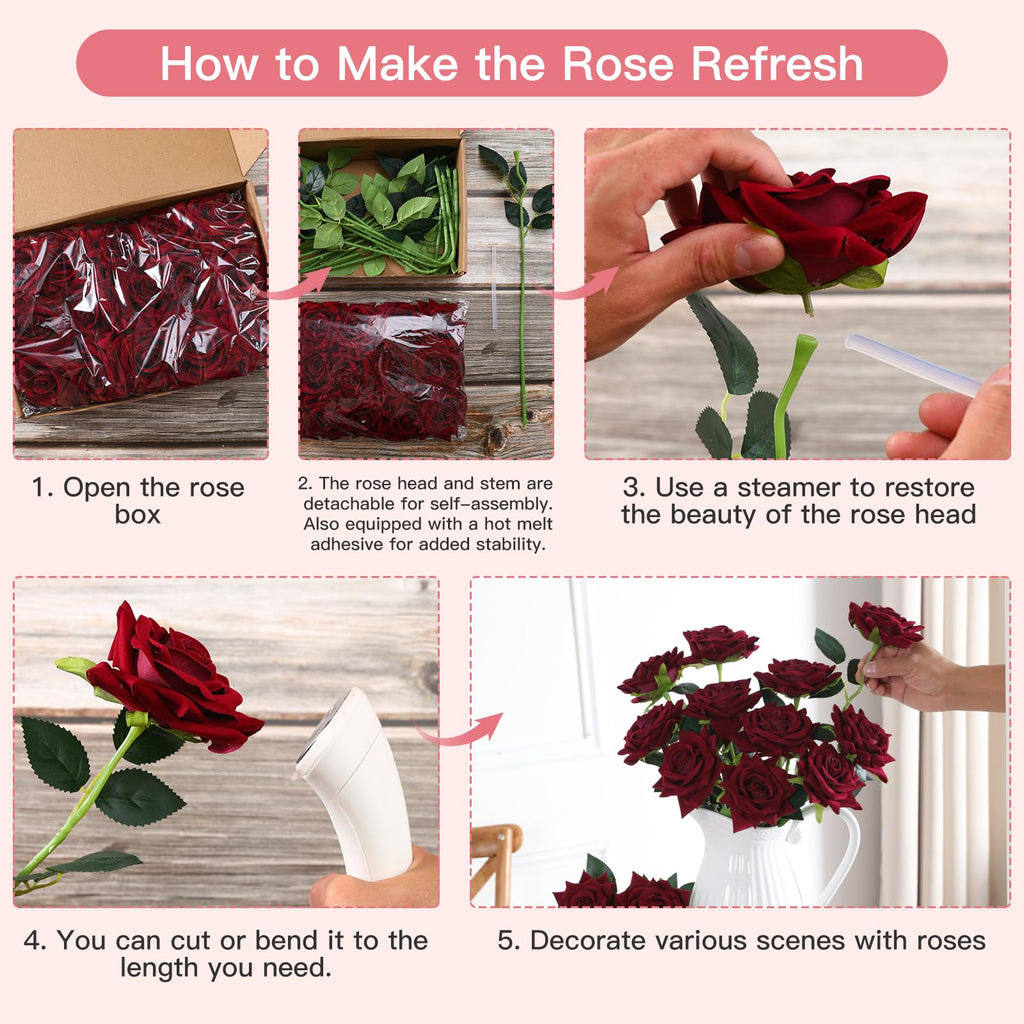Floweroyal 15PCS Burgundy Roses, Artificial Flowers 4.33" Velvet Flowers with Long Stem Fake Roses for Mom, Wife, Anniversary Birthday Valentine's Day Gift for Women