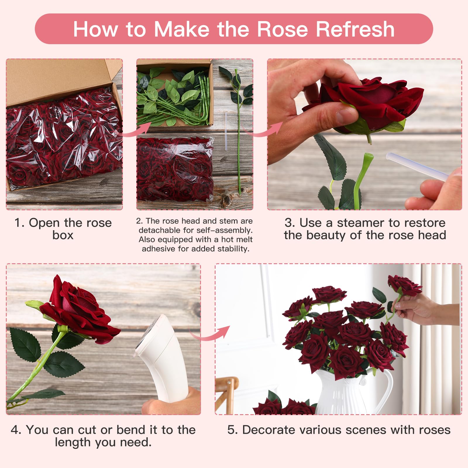 Floweroyal 15PCS Burgundy Roses, Artificial Flowers 4.33" Velvet Flowers with Long Stem Fake Roses for Mom, Wife, Anniversary Birthday Valentine's Day Gift for Women