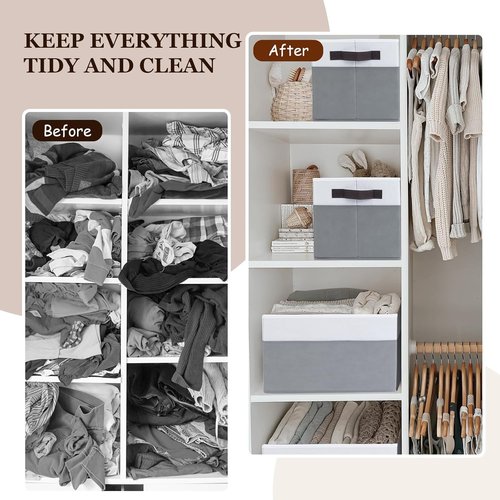 Criusia Large Fabric Storage Baskets - 12 Pack Grey Collapsible Organizers with Handles | 14"x10"x9.5" for Home & Nursery