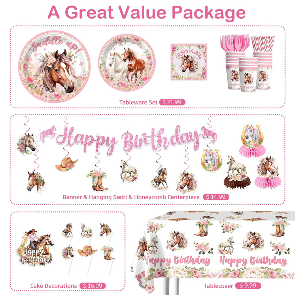 214Pcs Cowgirl Birthday Party Decorations Serve 25, Horse Party Supplies Includes Backdrop, Plates, Napkins, Cups, Banner, Hanging Swirl, Tablecloth, Cake Topper for Girl Birthday Decorations
