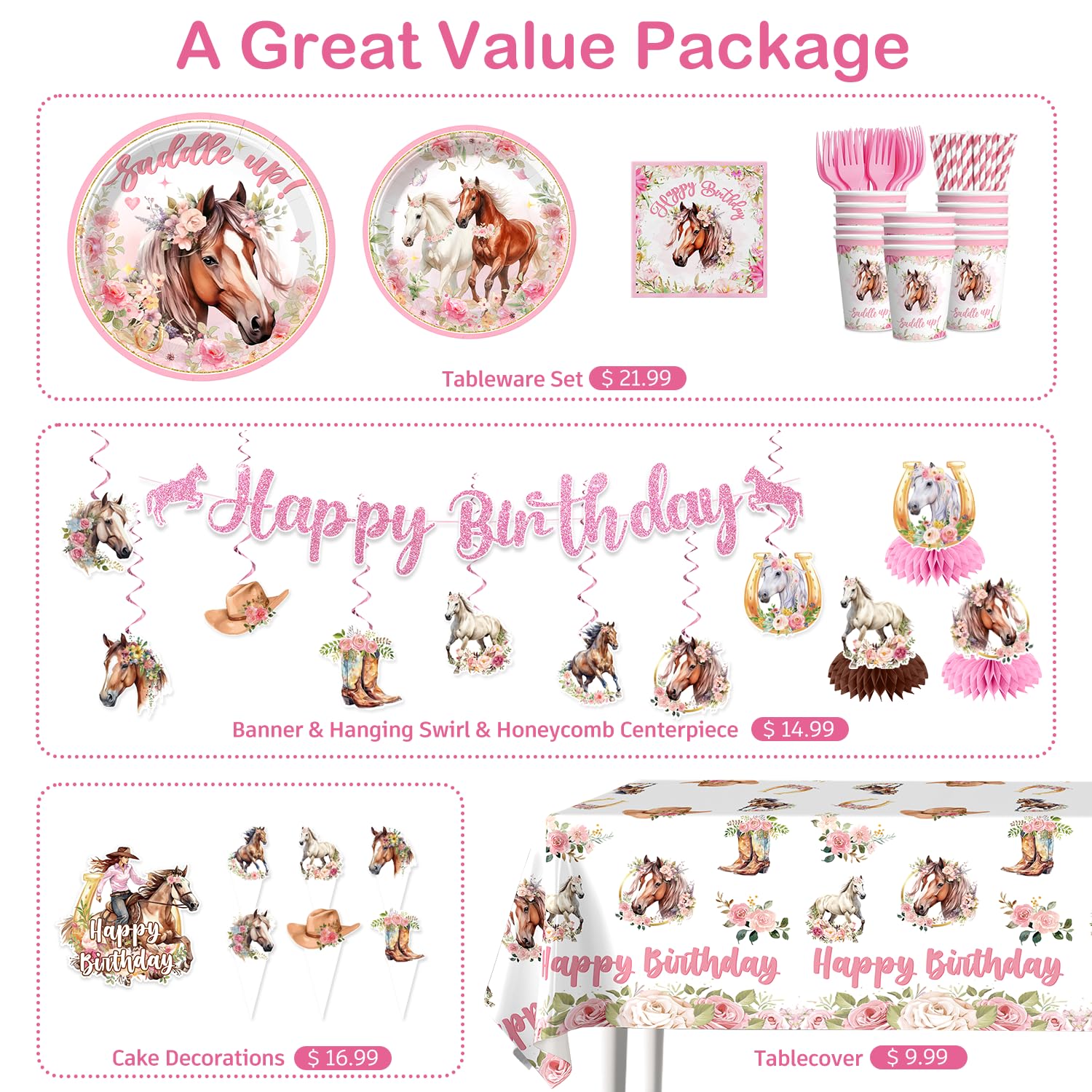 214Pcs Cowgirl Birthday Party Decorations Serve 25, Horse Party Supplies Includes Backdrop, Plates, Napkins, Cups, Banner, Hanging Swirl, Tablecloth, Cake Topper for Girl Birthday Decorations