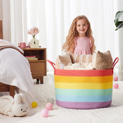 ENAORGAN 70L Rainbow Storage Basket for Blankets in Living Room Baby Kids Woven Rope Toy Basket for Laundry Nursery Hamper Extra Large