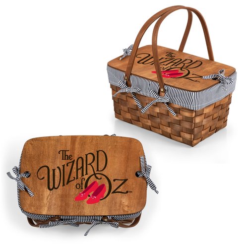PICNIC TIME Wizard of Oz Kansas Handwoven Wood Picnic Basket, Woven Basket with Tabletop Lid, Large Basket for Picnic, (Navy Blue & White Stripe)