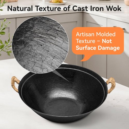 WANGYUANJI 14.2 Inch Cast Iron Wok with Wooden Lid and Iron Spatula, Flat Bottom Double-Handle Chinese Stir Fry Pan, Uncoated Cast Iron Wok for Induction, Gas and Electric Stoves
