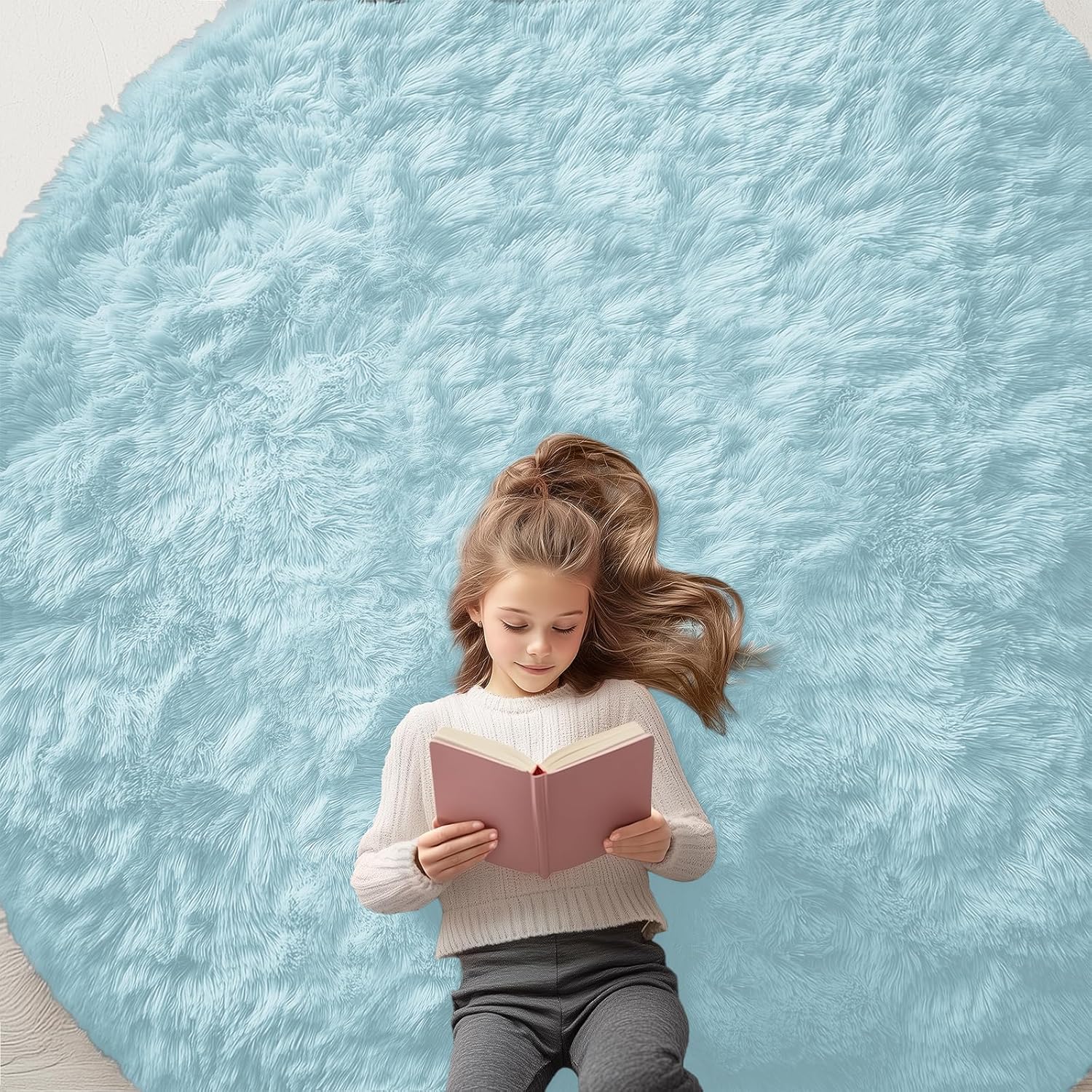 OLANLY Light Blue Round Rug - Soft, Fluffy Shaggy Carpet for Bedroom | 7 ft Machine Washable Area Rug