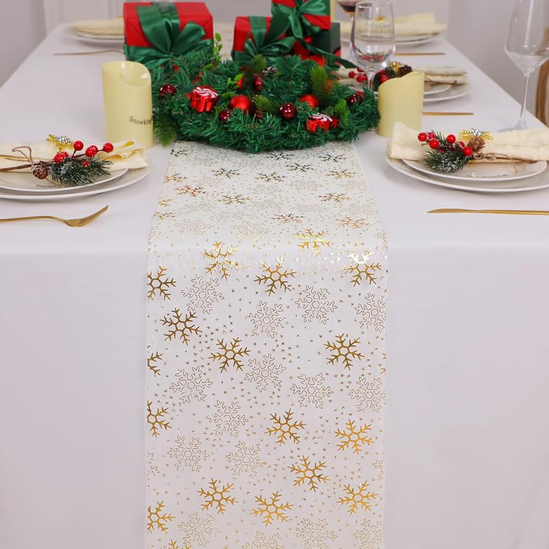 Gold Snowflake Table Runner 49 ft - Sparkly Christmas Decor (Variation: Gold Snowflake+49FT)