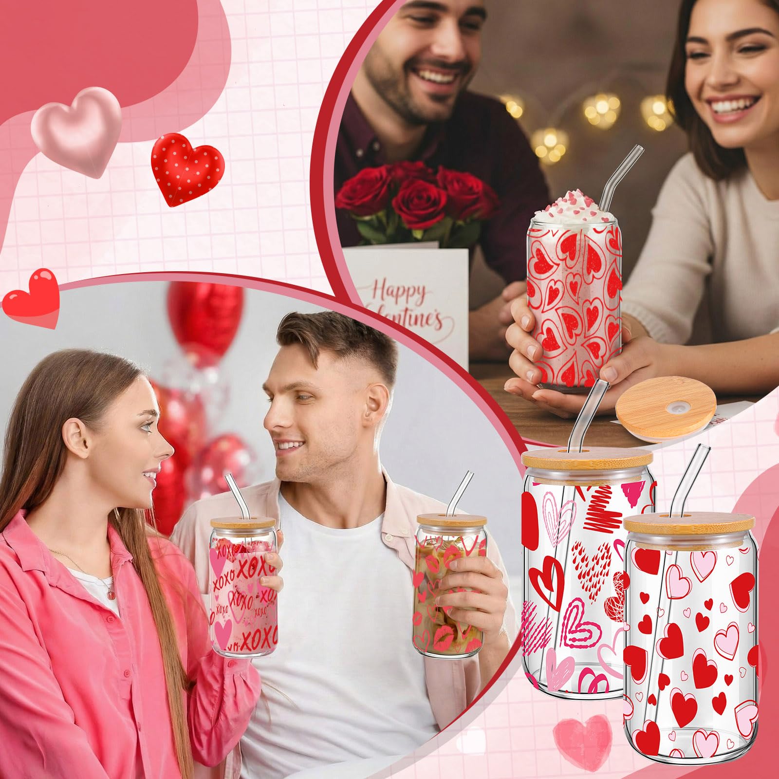 Qinyoung 6 Pcs Valentine's Day Glass Cups with Bamboo Lids and Glass Straws, 16 oz Red Heart Drinking Glasses Set, Reusable Love Iced Coffee Glasses for Galentine's Party Romantic Gifts (Valentines)
