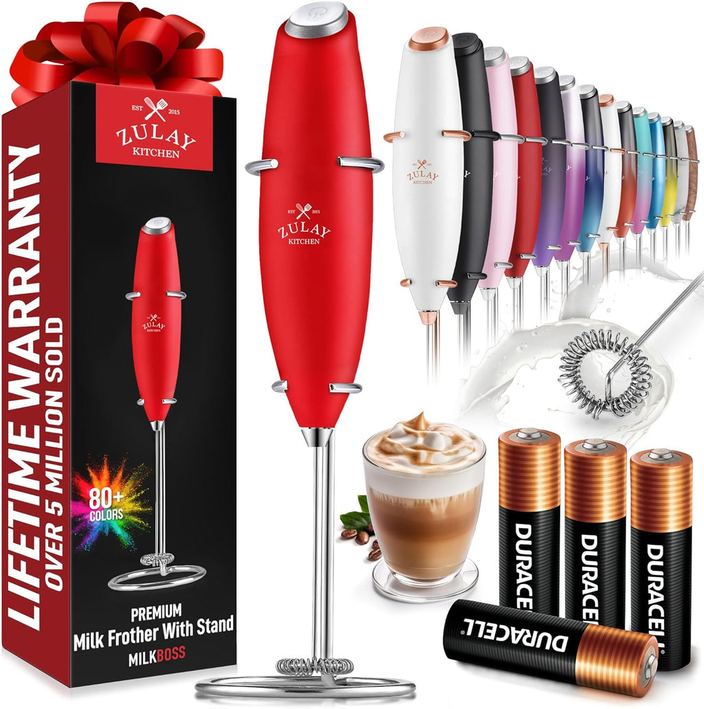 Zulay Kitchen Milk Frother Wand - Ultra-Fast Handheld Mixer for Coffee & Lattes - Cardinal Red
