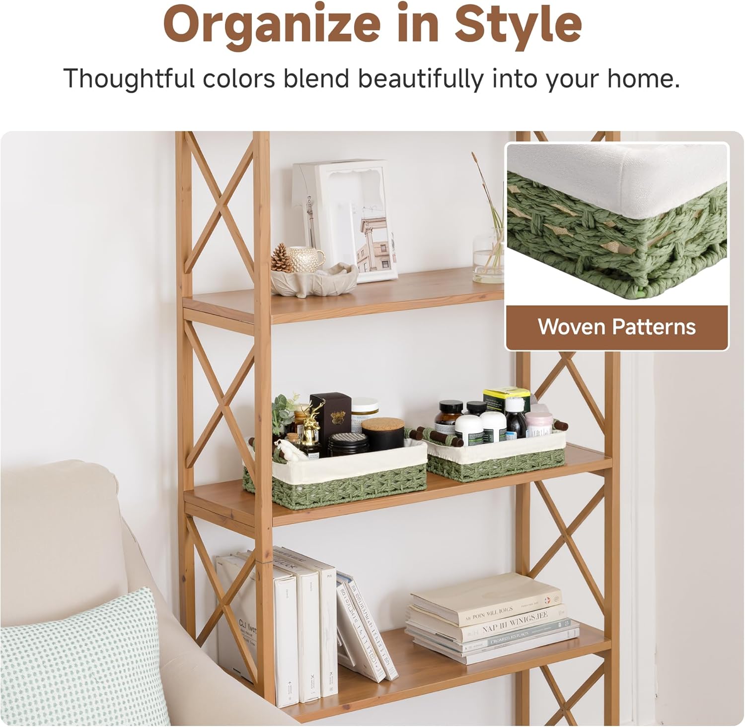 StorageWorks Small Wicker Baskets - Organizing with Handles & Liner, Green Paper Rope, 2 Pack