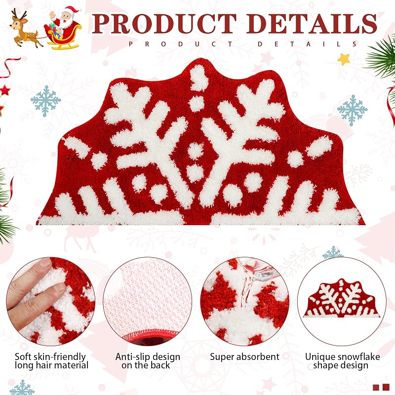 Tinideya Red Christmas Snowflake Semicircle Bathroom Rug Doormat - 18.9 x 34.6 in, Plush Microfiber