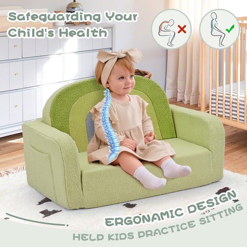 Foryoomi Extra Wide Kids Couch, 2-in-1 Soft Toddler Couch with Blanket, Comfy Toddler Chair, Convertible Sofa with Cute Colorful Rainbow Design, Green