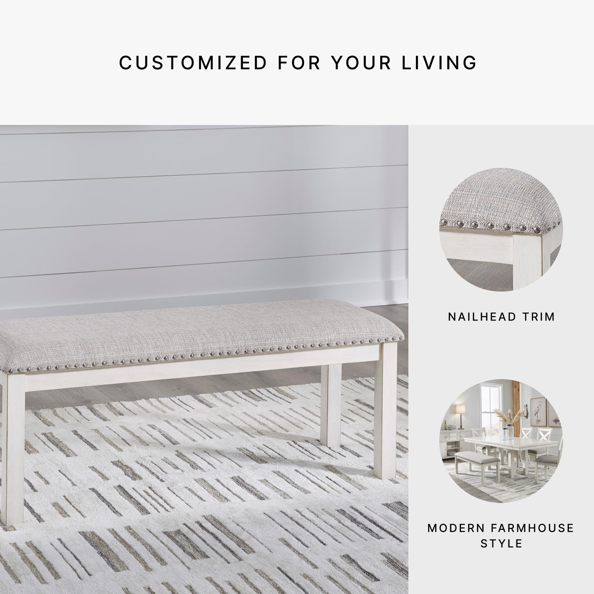Signature Design by Ashley Robbinsdale Large Upholstered 48" W Dining Bench, Light Gray & White