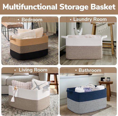 Goodpick Large Wicker Blanket Basket - 22" x 17" x 12" | Decorative Rope Laundry & Toy Storage for Living Room & Bedroom