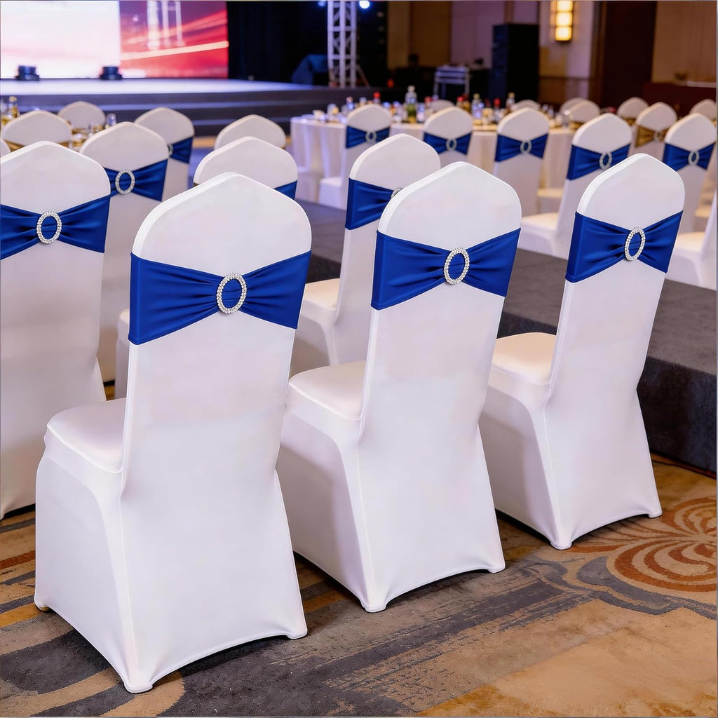 Spandex Royal Blue Chair Sashes - 100 Pack Wedding Chair Bands with Buckles for Events & Parties