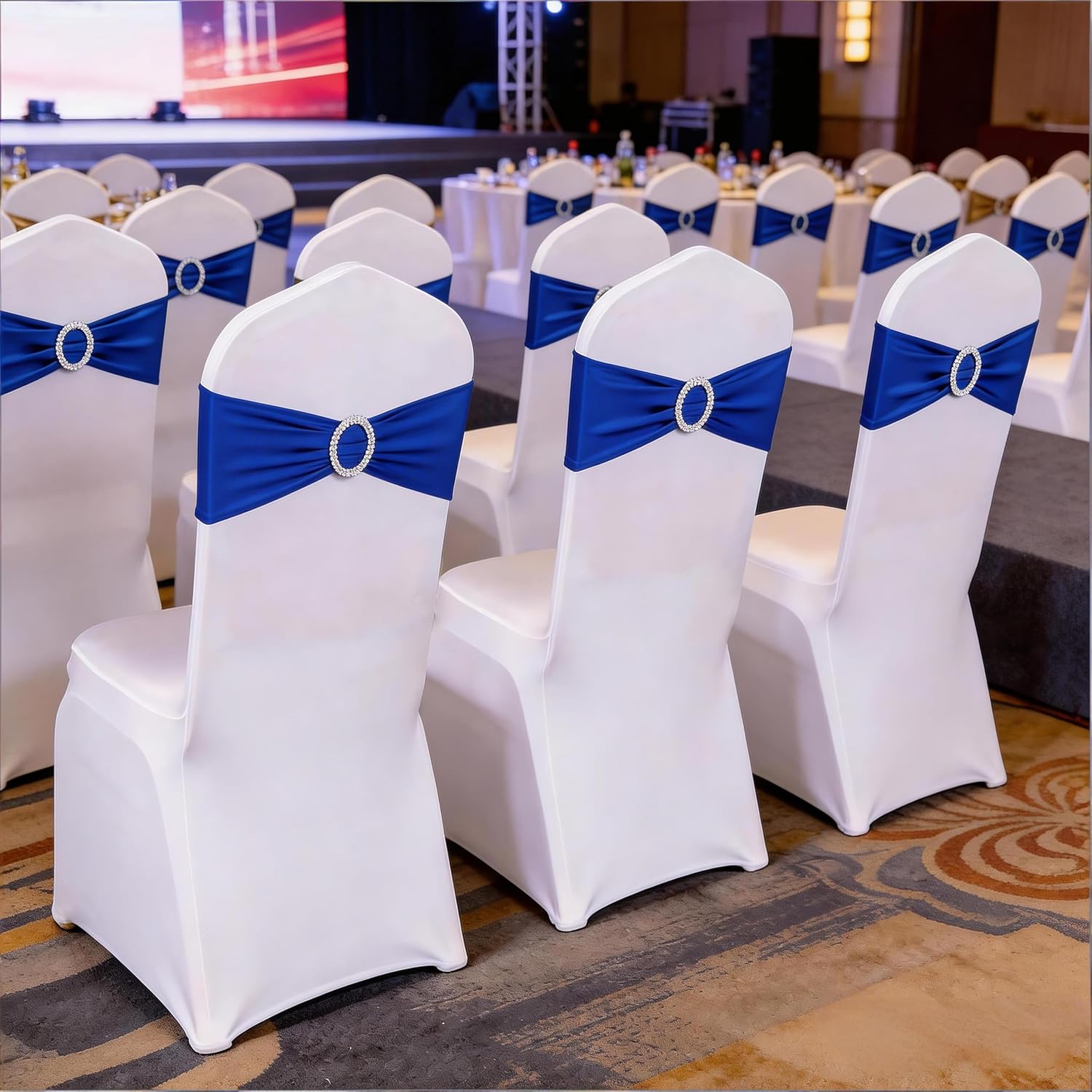 Spandex Royal Blue Chair Sashes - 100 Pack Wedding Chair Bands with Buckles for Events & Parties