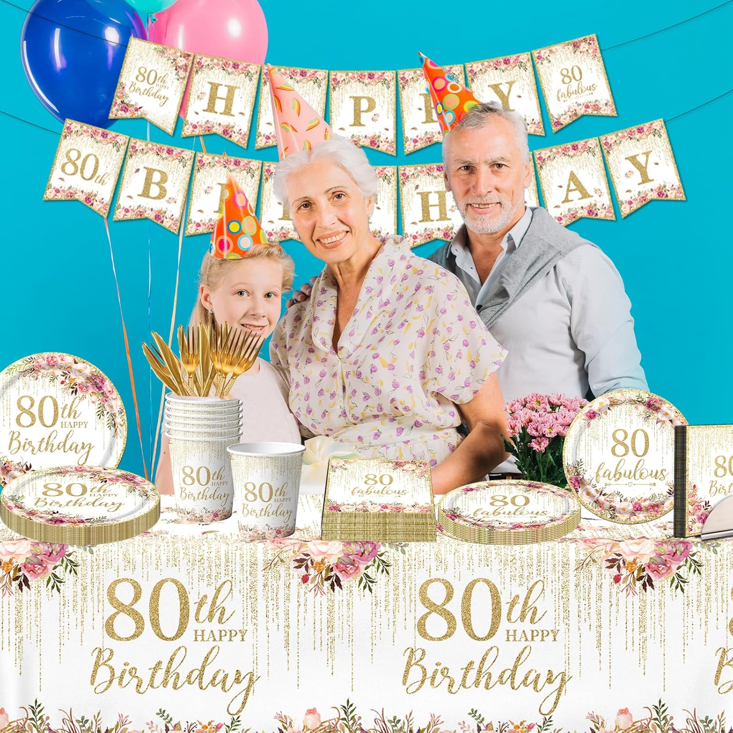 Regine Switzerland 80th Birthday Party Tableware Set - 142 Pcs Rose Gold Decorations | Plates, Napkins & Banner