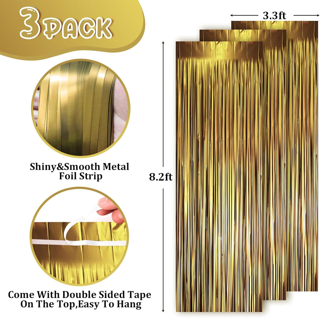 Voircoloria Matte Dark Gold Foil Fringe Backdrop Curtains - 3 Pack Tinsel Streamers for Parties & Events