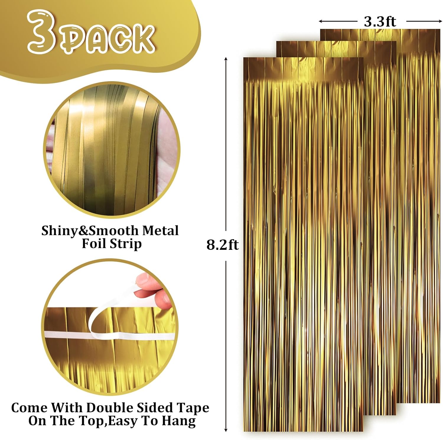 Voircoloria Matte Dark Gold Foil Fringe Backdrop Curtains - 3 Pack Tinsel Streamers for Parties & Events