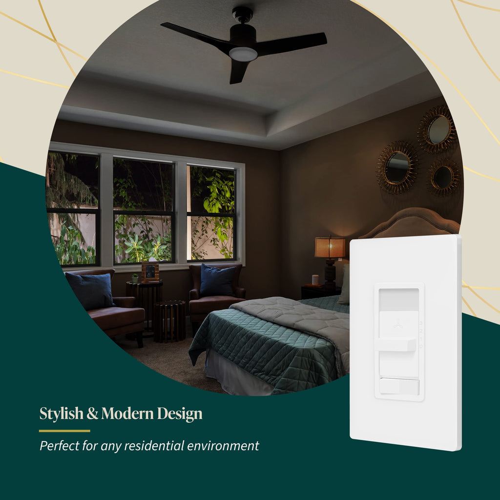 TOPGREENER Kalide Light Switch and 3-Speed Ceiling Fan Control Combo, in Wall Light and Fan Combination Switch, Single Pole, 2.5A, 720W, Neutral Wire Not Required, TGSFS3-W, White