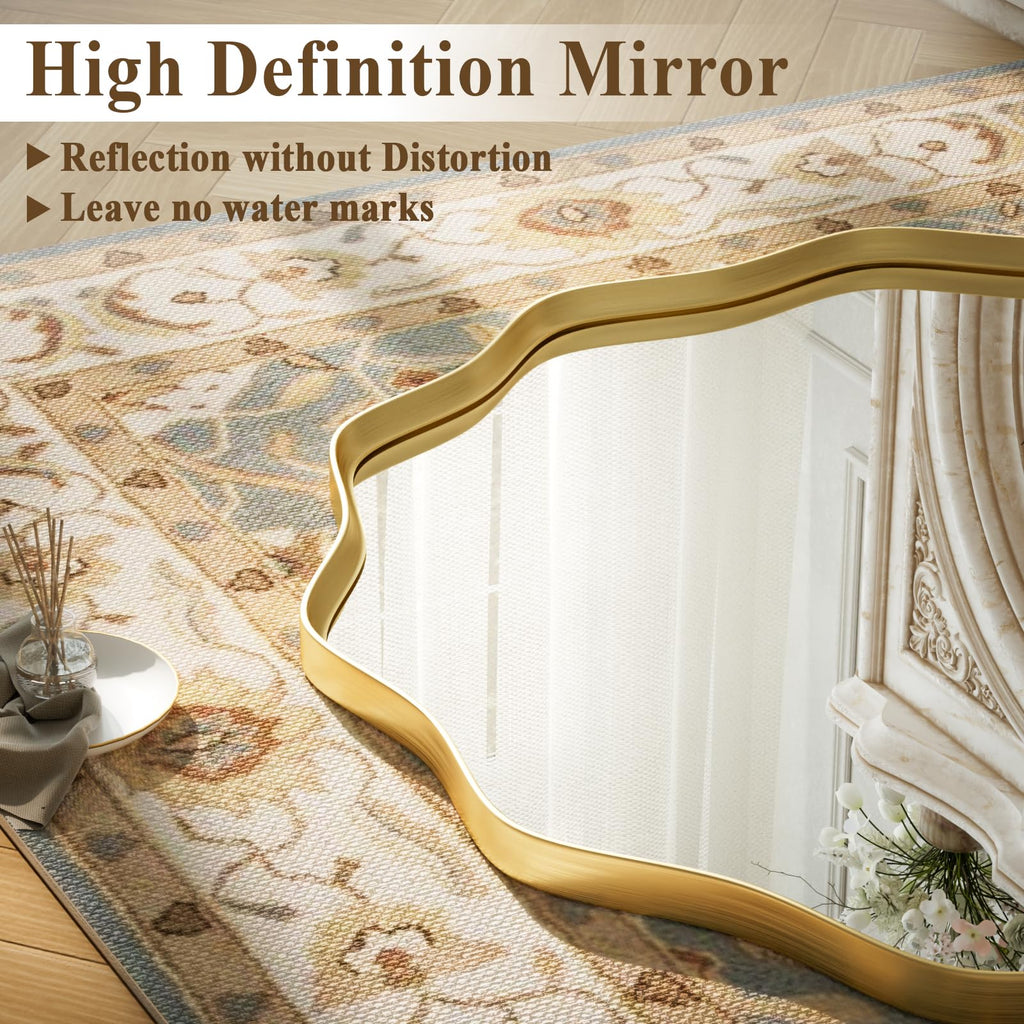 VooBang Gold Scalloped Circle Mirror, 24" Wavy Edge Round Wall Mirror with Tempered Glass Textured Circular Metal Deep Frame, Hanging Leaning for Bathroom, Hallway, Entryway, Livng Room