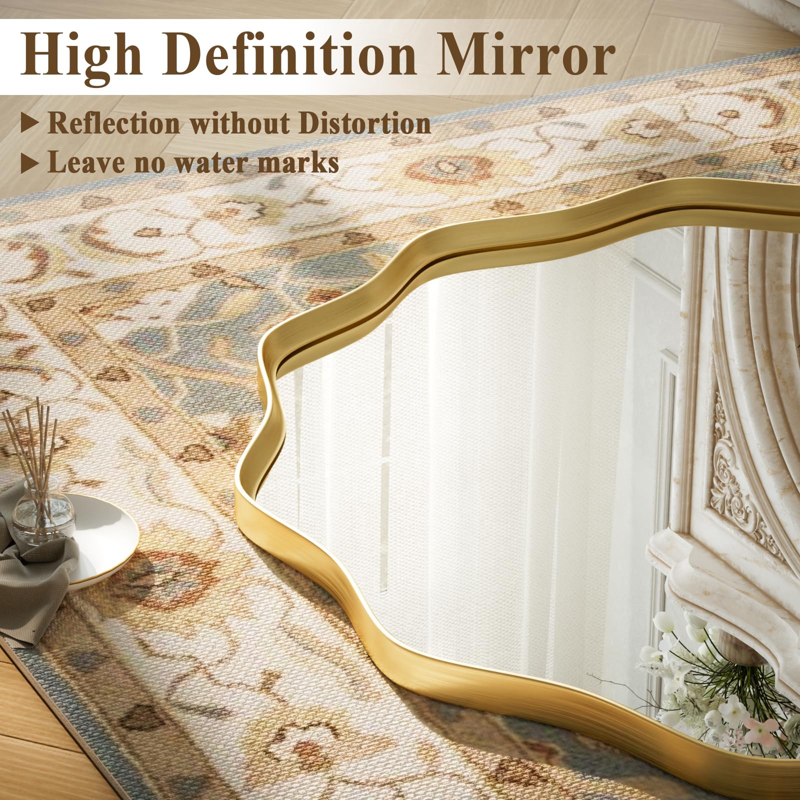 VooBang Gold Scalloped Circle Mirror, 24" Wavy Edge Round Wall Mirror with Tempered Glass Textured Circular Metal Deep Frame, Hanging Leaning for Bathroom, Hallway, Entryway, Livng Room