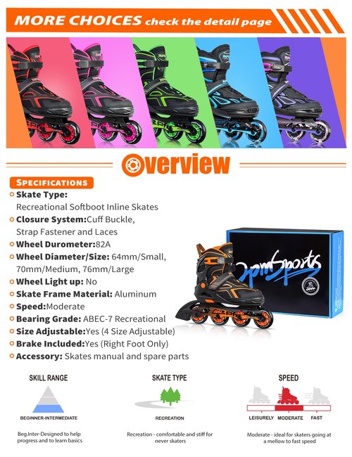 2PM SPORTS Torinx Green Boys Adjustable Inline Skates, Fun Beginner Roller Skates for Kids, Youth, Girls, Men and Women (Orange, Medium - Big Kid (1-4 US))