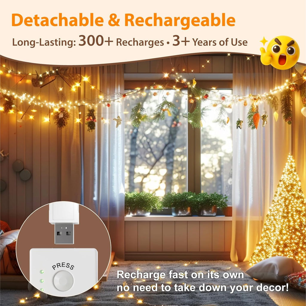 Skiennix 120L Twinkle Lights - 100 LED Rechargeable Fairy Lights with Remote & Timer Bundle