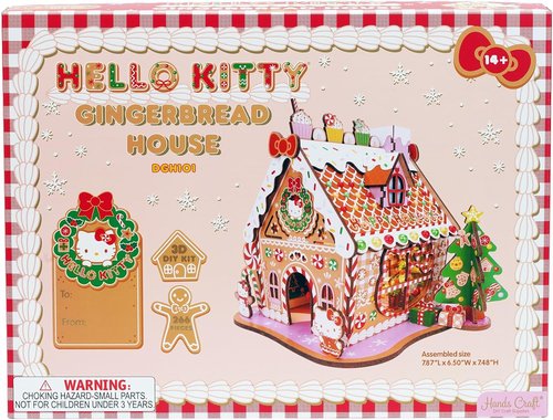 Hands Craft Hello Kitty Gingerbread House Kit - DIY Wooden 3D Puzzle for Holiday Decor | Fun Christmas Craft for Ages 14+