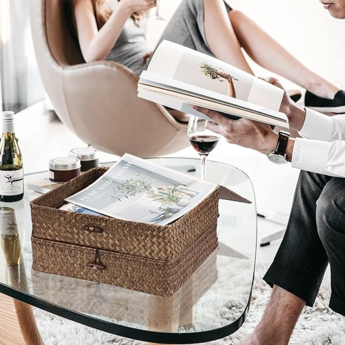 Hipiwe Woven Wicker Basket Bins - Set of 2 Large Seagrass Storage Baskets with Lid for Home Organization | Coffee Color