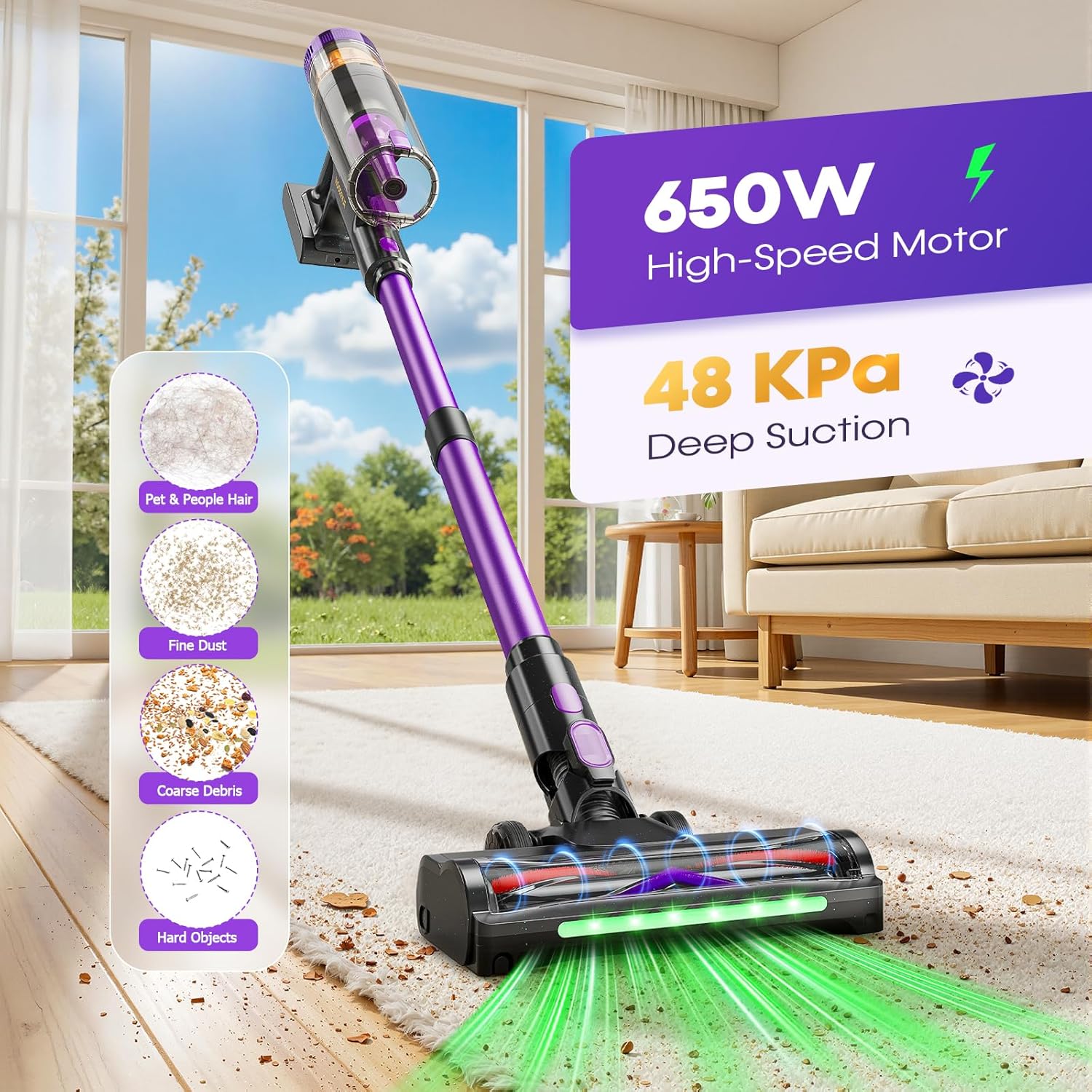 Skiennix Cordless Vacuum Cleaner - 650W, 48KPa Suction Power, Lightweight & Self-Standing Design for Pet Hair & Carpets