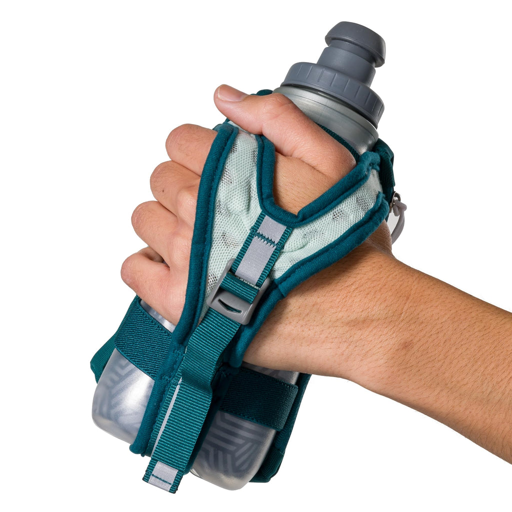 Nathan SpeedDraw 2 Insulated Handheld Running Water Bottle Flask – Double-Wall Insulation, Ergonomic Grip, Blast Valve Cap, Phone & Key Storage Pockets, Reflective Design, 12oz Insulated - Deep Teal